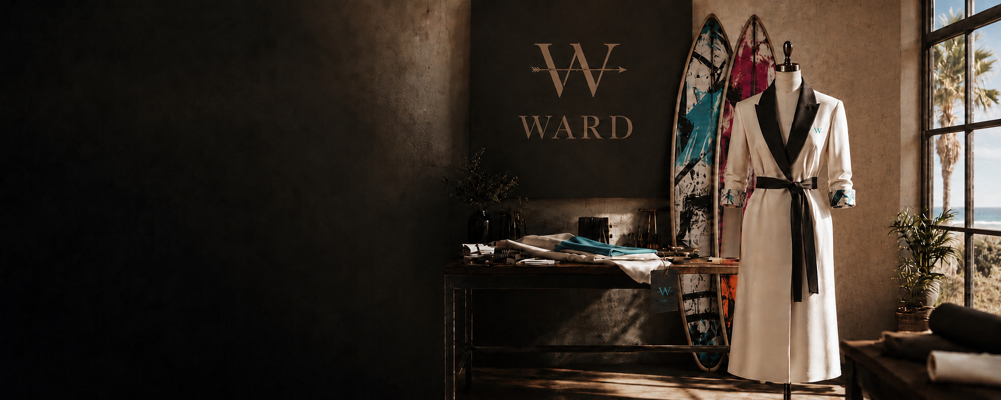 WARD tailored robe with graffiti-print rolled cuffs displayed in a coastal California fashion studio